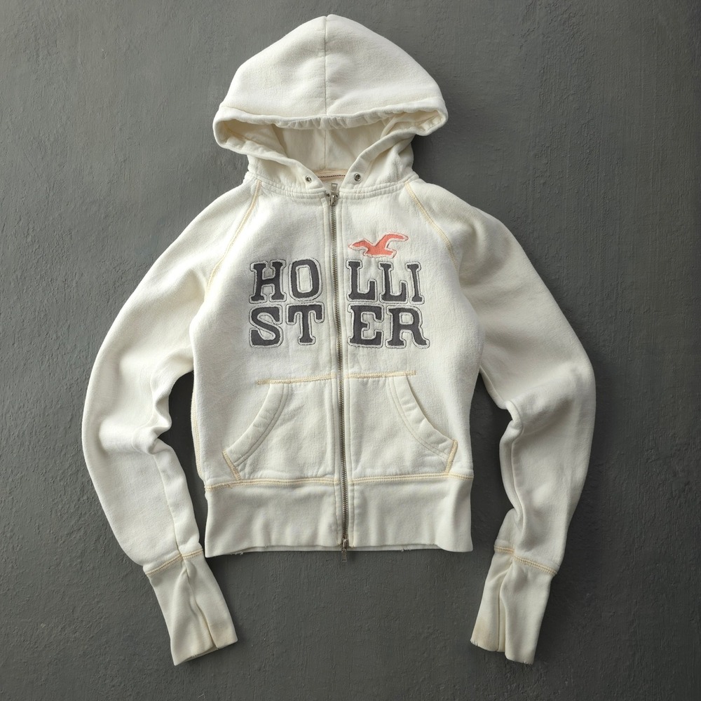 Vintage 2000s Hollister White Zip Up Hoodie Medium Logo Y2K